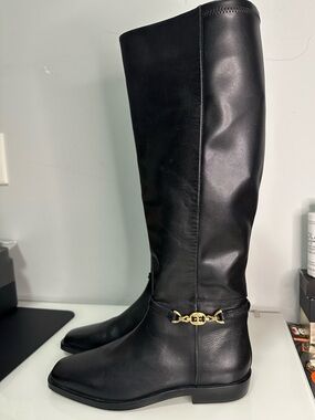 SAM EDELMAN Black Knee-High Riding Boots with Gold Accent